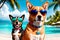 Two dogs wearing sunglasses on a tropical beach.