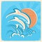 Two dolphins and sun.Vector retro illustration of parent and baby underwater