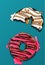 Two donuts , cute cookies, pink and white cakes with caramel and chocolate. Delicious, sweet illustration, sugar, frosting a