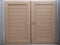 Two doors made of beige wooden boards with round handles. Homemade window shutters.