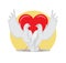 Two Doves Rise Wings Up on Background of Red Heart
