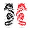 Two dragons red and black, in fight, silhouette on white background,