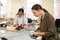 Two dressmakers working in workshop