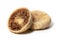 Two dried figs in close up on white background. Front view . Full depth of field