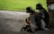 Two Dusky Monkeys sitting on sidewalk holding little orange baby
