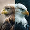 Two eagles white and brown look in different directions, close-up, isolated. Symbol of unity of opposites, yin and yang