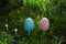 Two Easter colored eggs in pink and blue stand on white small stands on the grass