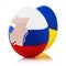 Two Easter eggs painted in color of flags of Russia and Ukraine on white background, closeup