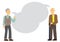 Two elderly friends talking with empty speech bubble. Concept of retirement, friendship or aging discussion