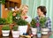 Two elderly housewifes taking care of decorative plants