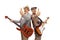 Two elderly men with electric guitars showing thumbs up