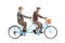 Two elderly men riding a blue tandem bicycle and smiling at camera