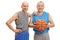 Two elderly men in sportswear with a basketball