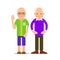 Two elderly men stand near. One pensioner in the greeting raised his hand, the other senior standing in akimbo pose. Illustration