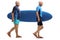 Two elderly surfers walking and carrying a surfboard