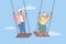 Two elderly women enjoy swinging and enjoying happy old age and not having to go to work