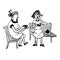 Two elderly women gossiping and drinking tea on a bench comic illustration