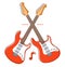 Two electric guitars crossed vector emblem for festival or concert or player isolated on white, live music theme, logo for musical