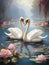 Two elegant swans gracefully glide across a serene lake and water lilies.