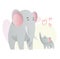 Two elephant look at each other. Animals mom and baby. Cartoons cute animals in flat style. Print for clothes. Vector