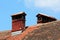 Two elongated narrow old dark red bricks dilapidated cracked chimneys with multiple openings covered with small roof tiles