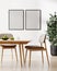 Two empty frames mockup, stylish room interior with table and chairs, green plant, 3d rendering