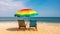 Two empty seats under a multicolored rainbow umbrella