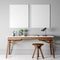 Two empty white frames mock-up. Modern interior space with beautiful wooden desk and chair on gray wall background