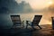 Two Empty Wood Chairs, Morning Lake View, Mist Swamp Wooden Pier, Nature Landscape, Misty Night