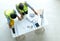 Two engineers man looking at blueprint drawing project plan on the table