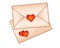 Two envelopes with valentines - vector full color picture. Two envelopes from yellowish aged paper with red hearts - love letters.