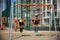 Two European boys swing on a swing in the summer holidays. Children have fun outdoors