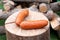 Two european sausages on a round stump of wood in front of a pile of wooden logs