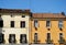 Two facades of houses with flowers in front of the Basilica of St. Anthony in Padua in the Veneto (Italy)