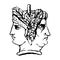 Two-faced Janus. Young Woman and Old Woman heads in profile, connected by the nape. Stylization of the ancient Roman style.