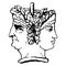 Two-faced Janus. Young Woman and Old Woman heads in profile, connected by the nape. Stylization of the ancient Roman style.