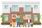 Two families home / duplex home.  3 generation family illustration.