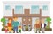 Two families home / duplex home.  3 generation family illustration.