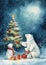 Two family polar bears sitting near the Christmas tree. Watercolor christmas greeting card illustration