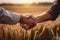 Two farmer handshake on agricultural field. generative ai