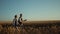 Two farmers inspecting wheat harvest in golden sunlight. Rural landscape view.