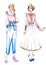 Two fashion sketches of women`s clothing colorful dress and pantsuit for office