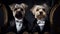 Two fashionable dogs dressed in tuxedos sitting in a chair. AI generative image.