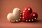 Two felted cute beige and red pastel romantic hearts on a deep red background with copy space, Vintage valentine\\\'s day or