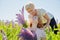 Two female friends in field with purple flowers. Chubby and slim middle-aged women pensioners having resi in field