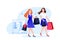 Two female friends walk with shopping bags through mall. Fashion clothes seasonal sale concept. Vector illustration