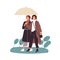 Two female friends walking under umbrella at rainy weather vector flat illustration. Smiling women talking, spending