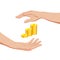 Two female hands around gold dollar coins. Saving and protection of money, capital and finance