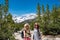 Two female hikers in the Little Lakes Valley trail in California Eastern Sierra Nevada mountains in summer