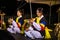 Two female Korean drummers in traditional dress